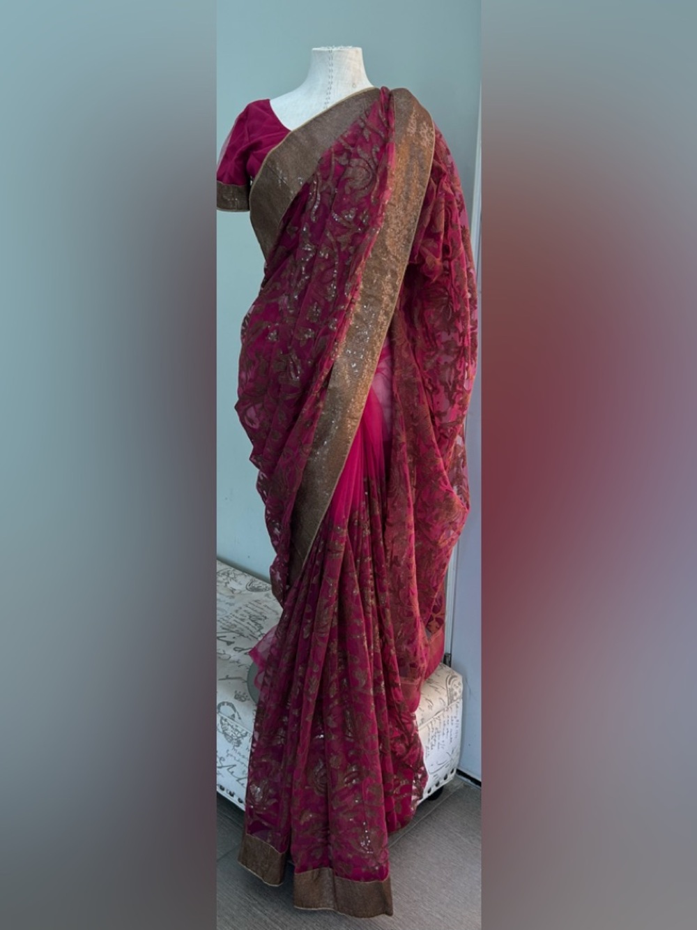New, dark pink, magenta Embroidered Saree with Gold Border & blouse